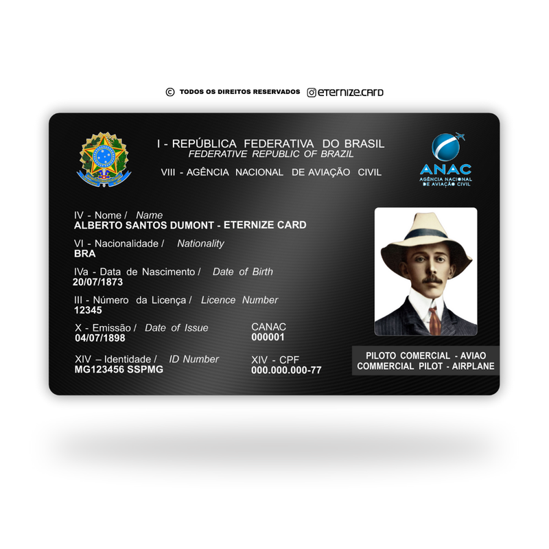 Cartão ANAC de metal inoxidável black preto gravado a laser com foto colorida premium - frente. Melhor que PVC.