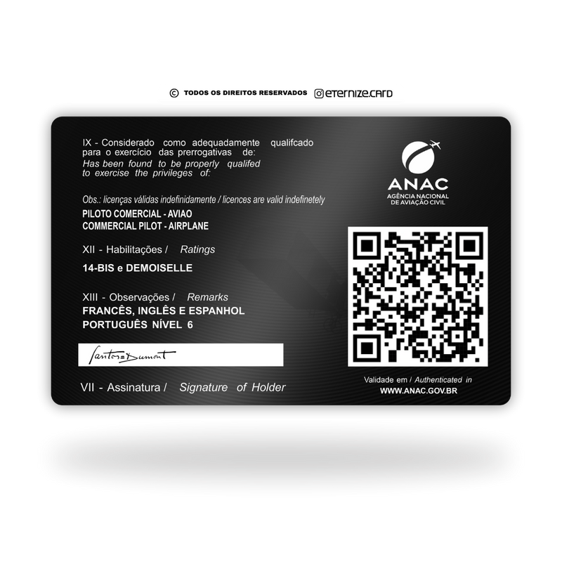 Cartão ANAC de metal inoxidável black preto gravado a laser com foto colorida premium - verso. Melhor que PVC.