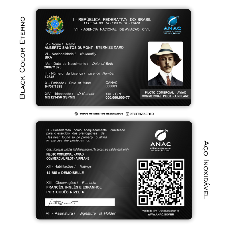 Cartão ANAC de metal inoxidável black preto gravado a laser com foto colorida premium - frente e verso. Melhor que PVC.