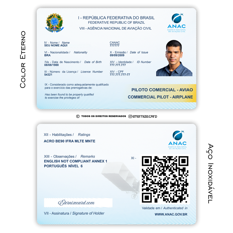 Cartão ANAC de metal inoxidável gravado a laser premium colorido - frente e verso. Melhor que PVC.