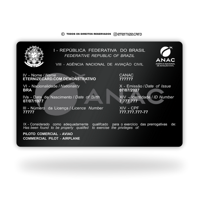 Cartão ANAC de metal inoxidável black preto gravado a laser premium - frente. Melhor que PVC.
