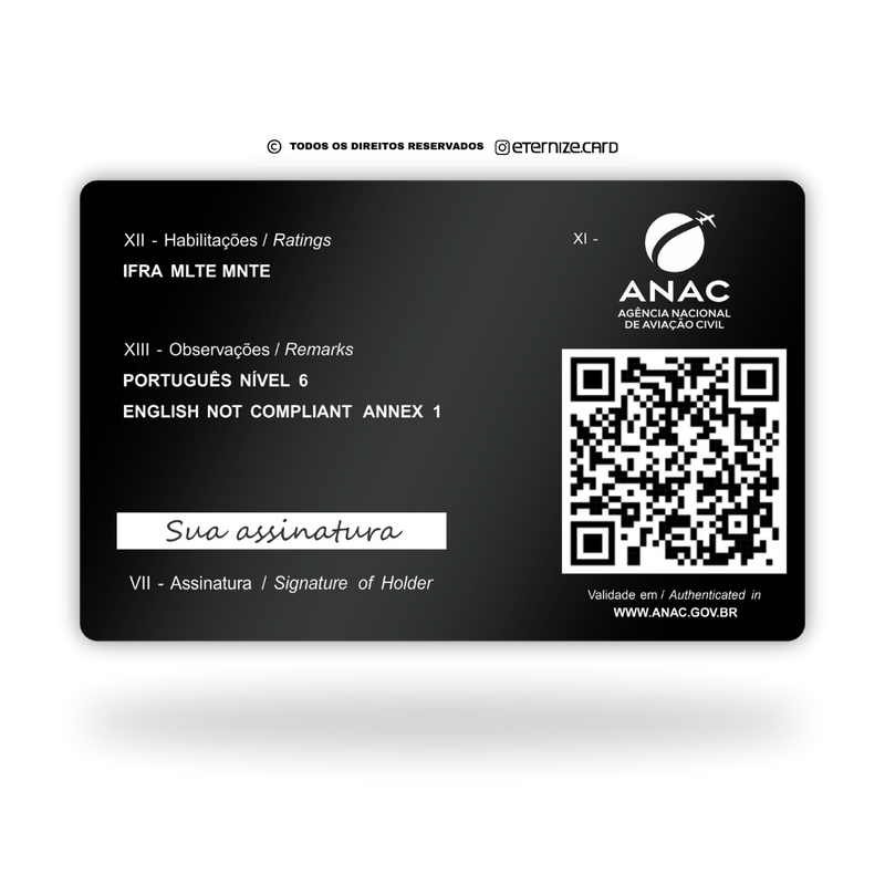 Cartão ANAC de metal inoxidável black preto gravado a laser premium - verso. Melhor que PVC.
