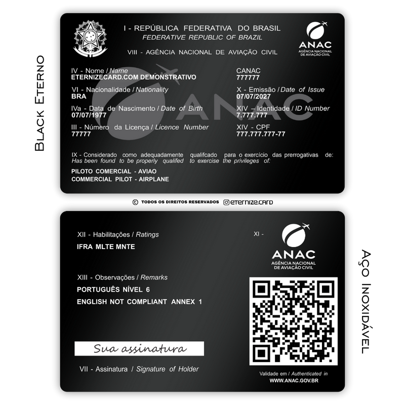 Cartão ANAC de metal inoxidável black preto gravado a laser premium - frente e verso. Melhor que PVC.
