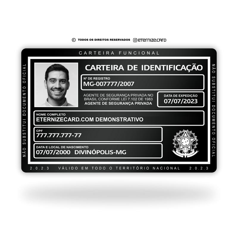 Carteira Funcional de metal inoxidável black preto gravado a laser premium - frente. Melhor que PVC.