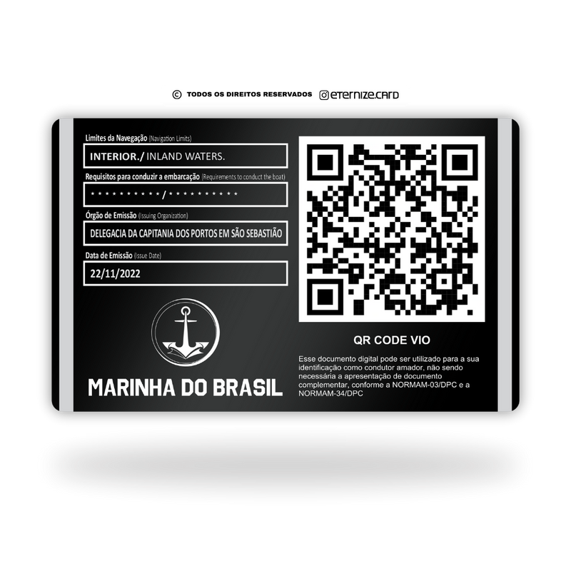Cartão Arrais Digital de metal inoxidável black preto gravado a laser premium - verso. Melhor que PVC.