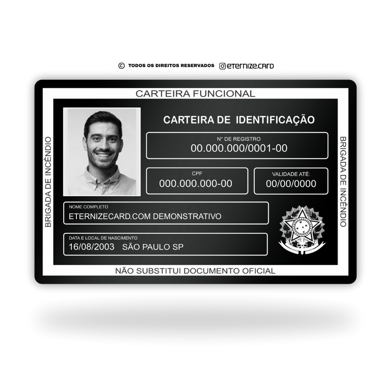 Carteira Funcional Brigadista de metal inoxidável black preto gravado a laser premium - frente. Melhor que PVC.