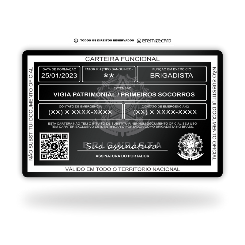 Carteira Funcional Brigadista de metal inoxidável black preto gravado a laser premium - verso. Melhor que PVC.