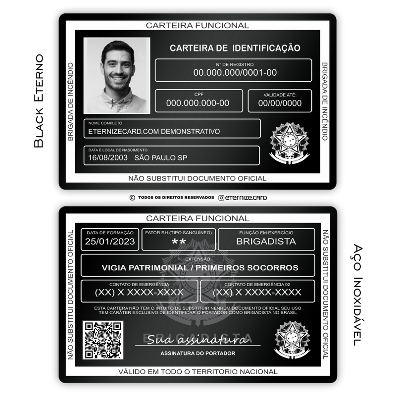 Carteira Funcional Brigadista de metal inoxidável black preto gravado a laser premium - frente e verso. Melhor que PVC.