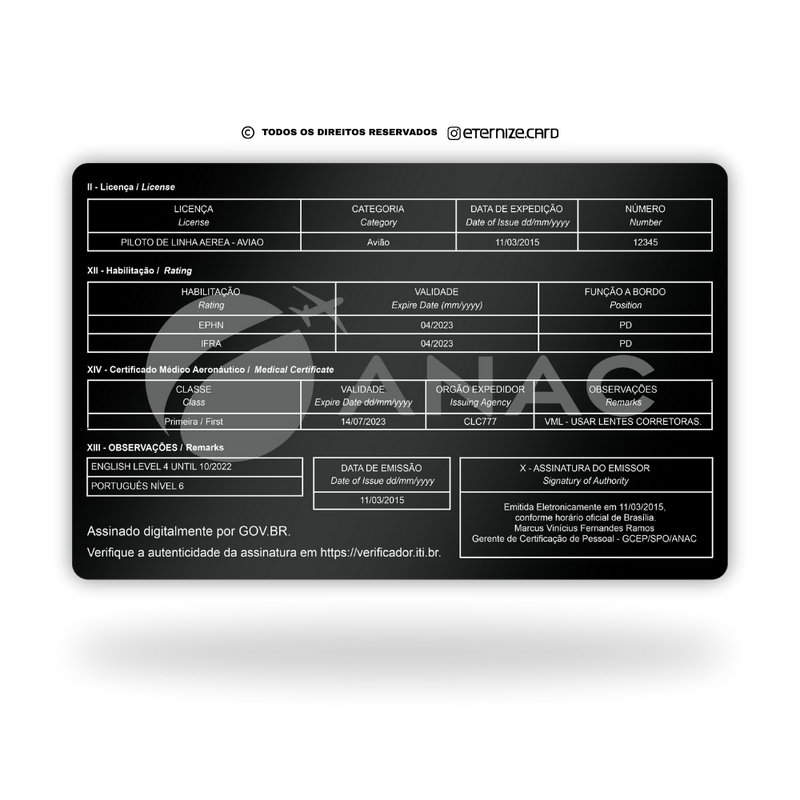 Cartão ANAC com foto de metal inoxidável black preto gravado a laser premium - verso. Melhor que PVC.