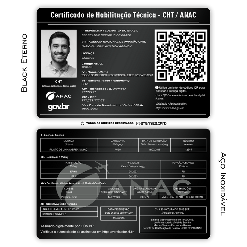 Cartão ANAC com foto de metal inoxidável black preto gravado a laser premium - frente e verso. Melhor que PVC.