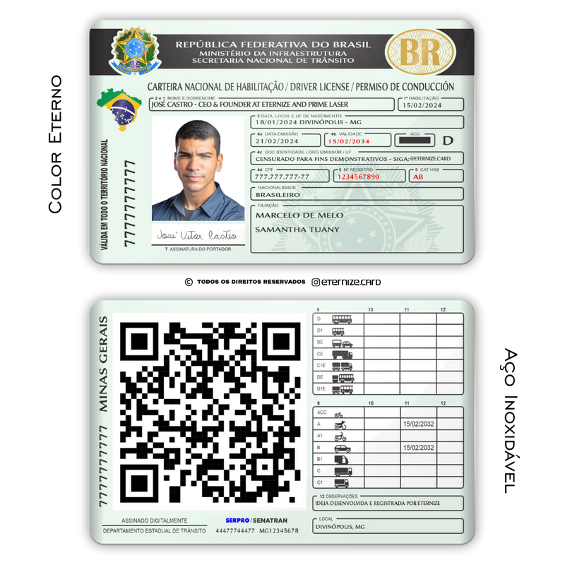 CNH de metal inoxidável gravado a laser premium colorido - frente e verso. Melhor que PVC.