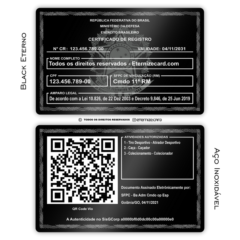 Cartão CR de metal inoxidável black preto gravado a laser premium - frente e verso. Melhor que PVC.