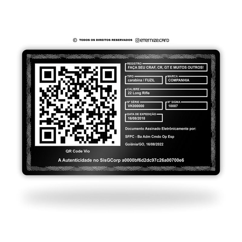 Cartão CRAF de metal inoxidável black preto gravado a laser com foto colorida premium - verso. Melhor que PVC.