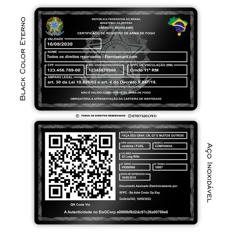 Cartão CRAF metal inoxidável black preto gravado a laser com foto colorida premium - frente e verso. Melhor que PVC.