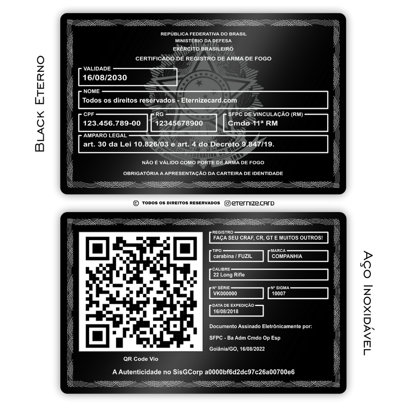 Cartão CRAF de metal inoxidável black preto gravado a laser premium - frente e verso. Melhor que PVC.