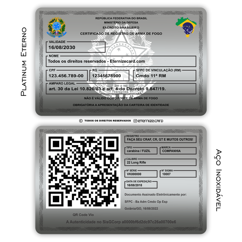 Cartão CRAF de metal inoxidável platinum gravado a laser com foto colorida premium - frente e verso. Melhor que PVC.