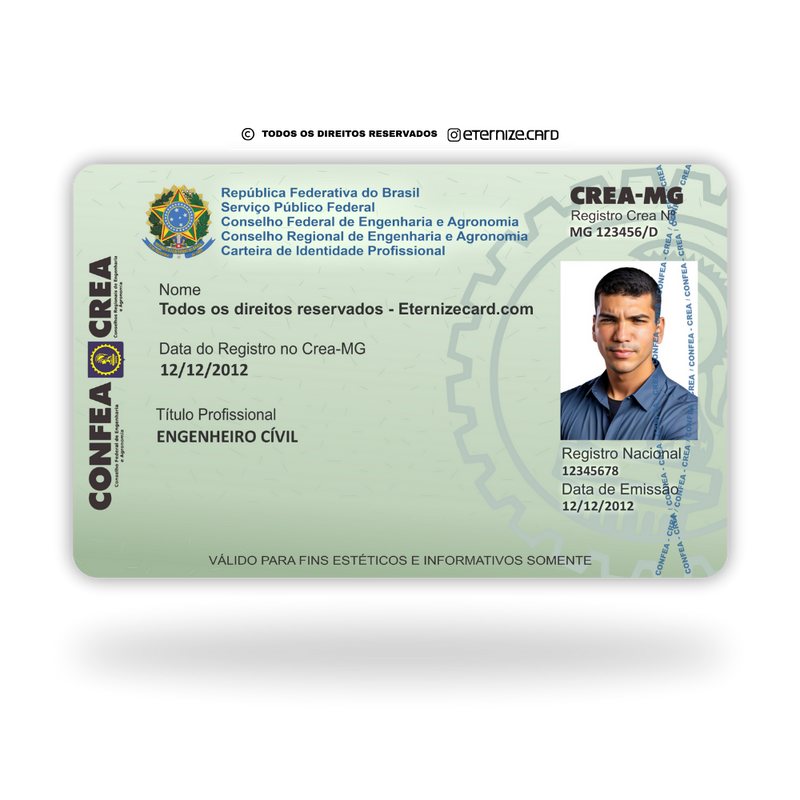 Cartão CREA de metal inoxidável gravado a laser premium colorido - frente. Melhor que PVC.