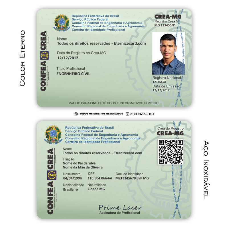 Cartão CREA de metal inoxidável gravado a laser premium colorido - frente e verso. Melhor que PVC.