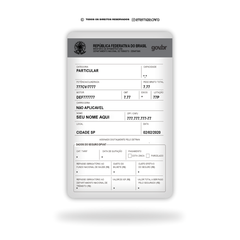 Cartão CRLV de metal inoxidável gravado a laser premium colorido com logo veículo - frente. Melhor que PVC.