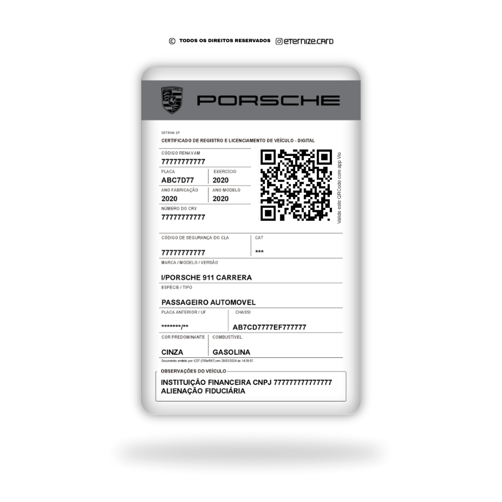 Cartão CRLV de metal inoxidável gravado a laser premium colorido com logo veículo - verso. Melhor que PVC.