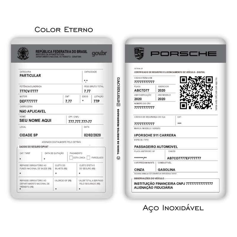Cartão CRLV de metal inoxidável gravado a laser premium colorido com logo veículo - frente e verso. Melhor que PVC.