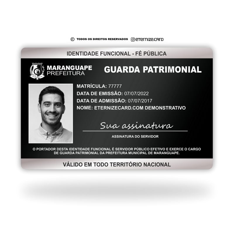 Cartão Funcional Guarda Patrimonial de metal inoxidável black preto gravado a laser premium - frente. Melhor que PVC.