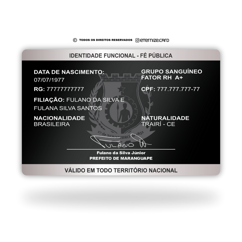 Cartão Funcional Guarda Patrimonial de metal inoxidável black preto gravado a laser premium - verso. Melhor que PVC.