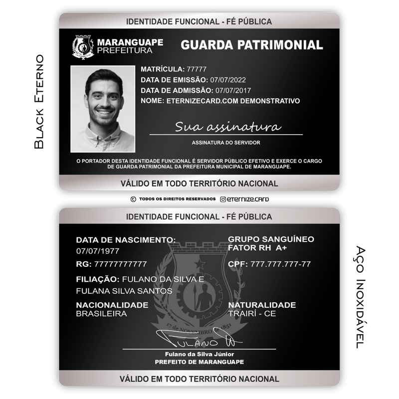 Cartão Funcional Guarda Patrimonial de metal inoxidável black preto gravado a laser premium - frente e verso. Melhor que PVC.