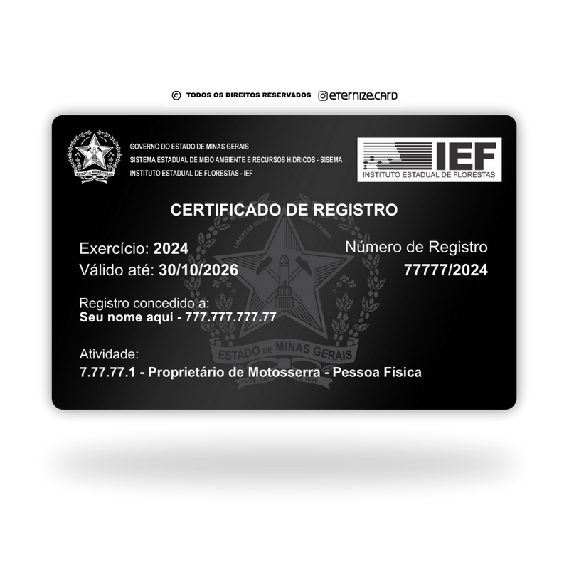 Cartão Certificado de Registro IEF de metal inoxidável black preto gravado a laser premium - frente. Melhor que PVC.