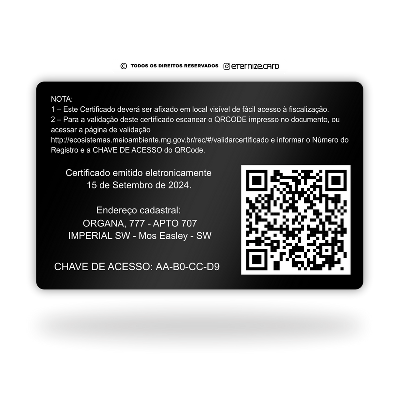 Cartão Certificado de Registro IEF de metal inoxidável black preto gravado a laser premium - verso. Melhor que PVC.