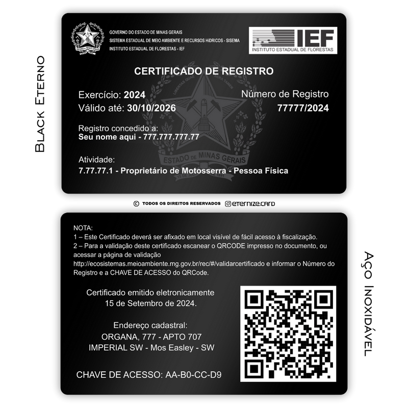 Cartão Certificado de Registro IEF de metal inoxidável black preto gravado a laser premium - frente e verso. Melhor que PVC.
