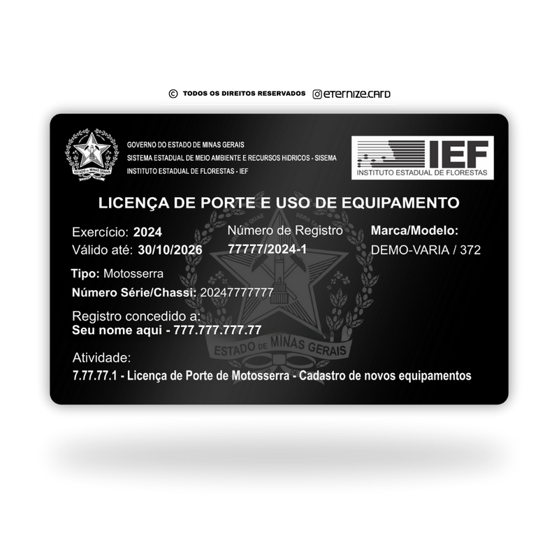 Cartão Licença Porte e Uso IEF de metal inoxidável black preto gravado a laser premium - frente. Melhor que PVC.