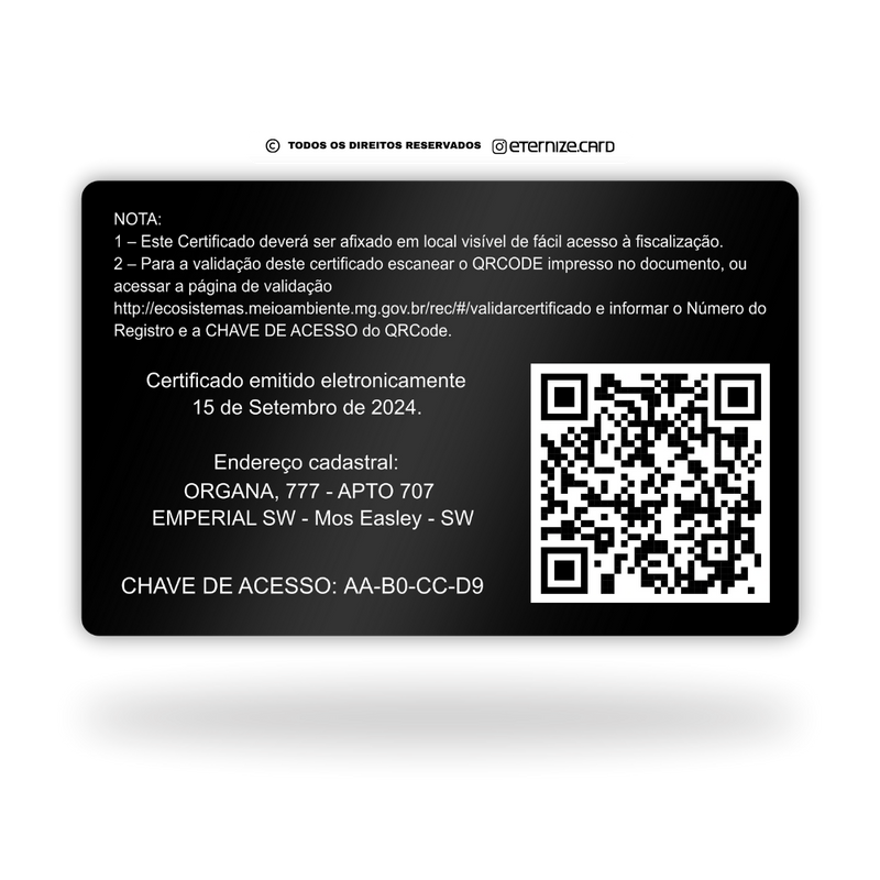 Cartão Licença Porte e Uso IEF de metal inoxidável black preto gravado a laser premium - verso. Melhor que PVC.