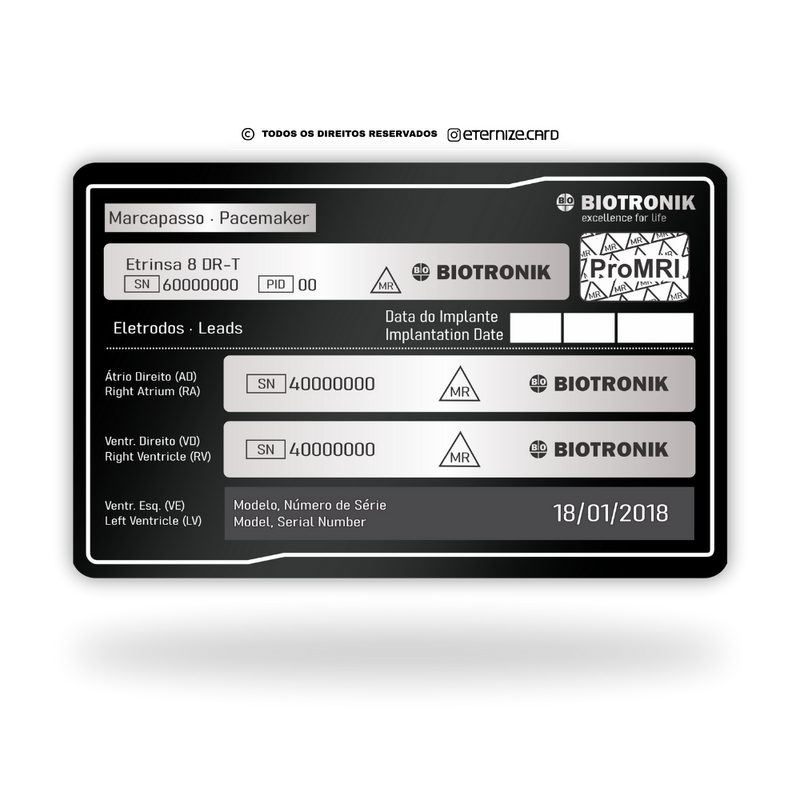 Cartão Identificação de Marcapasso de metal inoxidável black preto gravado a laser premium - frente. Melhor que PVC.