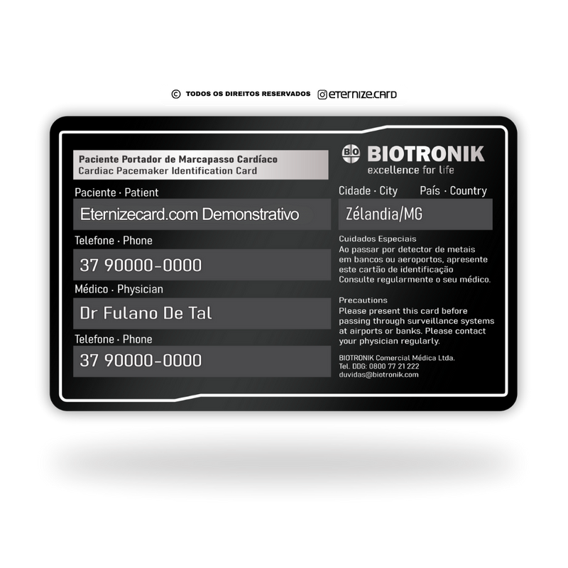 Cartão Identificação de Marcapasso de metal inoxidável black preto gravado a laser premium - verso. Melhor que PVC.