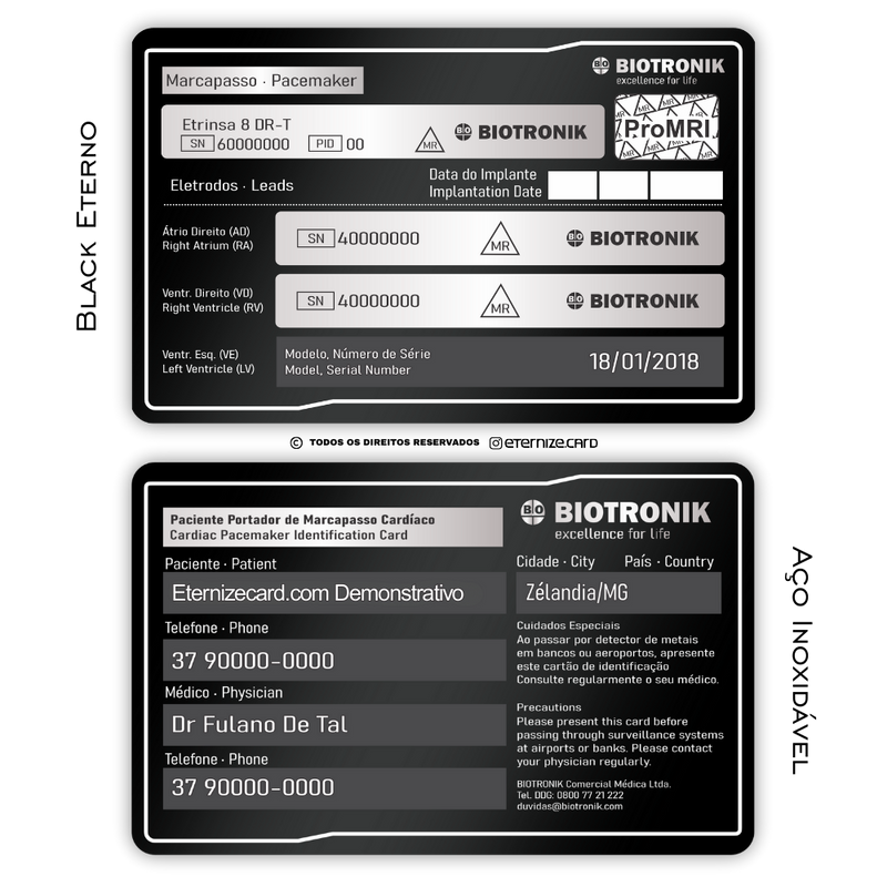 Cartão Identificação de Marcapasso de metal inoxidável black preto gravado a laser premium - frente e verso. Melhor que PVC.