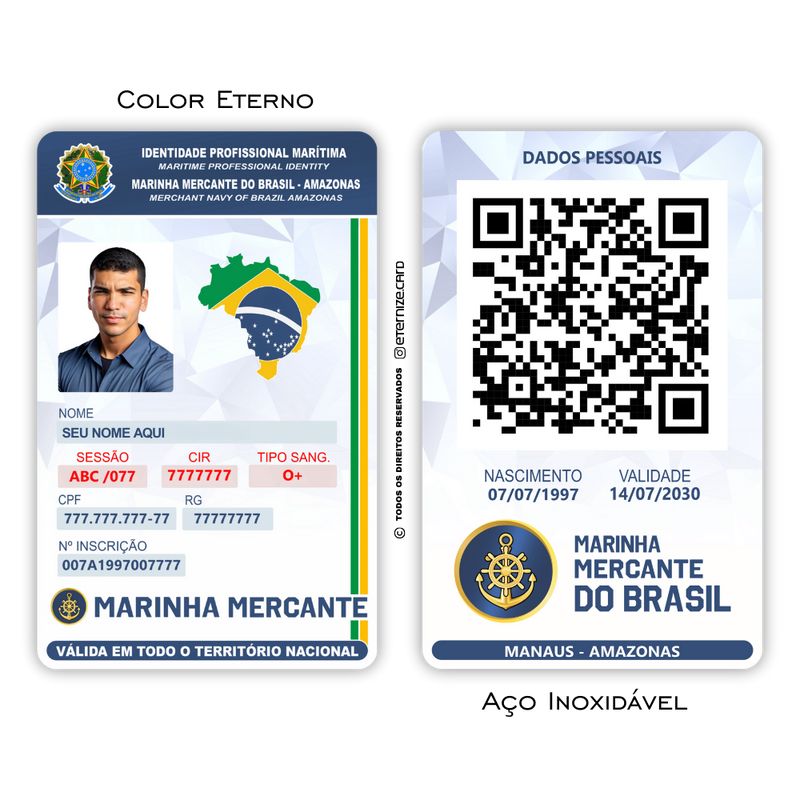Cartão Marítima Marinha de metal inoxidável gravado a laser premium colorido - frente e verso. Melhor que PVC.