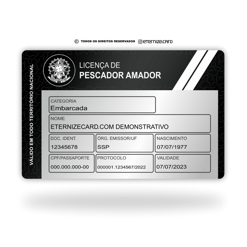 Cartão Licença de Pescador Amador de metal inoxidável black preto gravado a laser premium - frente. Melhor que PVC.
