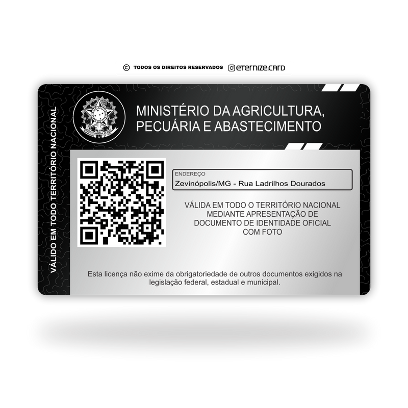 Cartão Licença de Pescador Amador de metal inoxidável black preto gravado a laser premium - verso. Melhor que PVC.