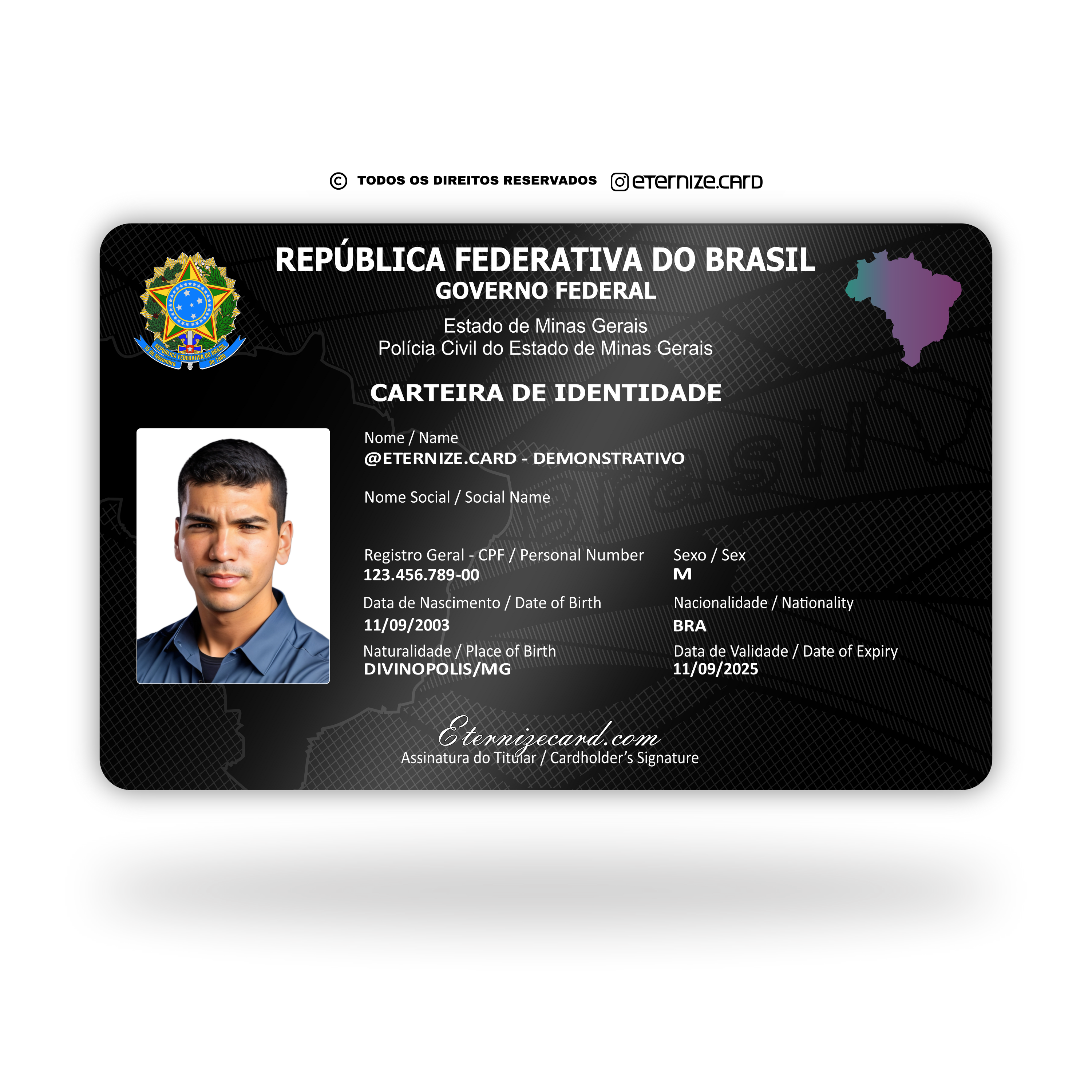 CIN/RG de metal inoxidável Black Preto Eterno gravado a laser premium - frente com foto colorida. Melhor que PVC.