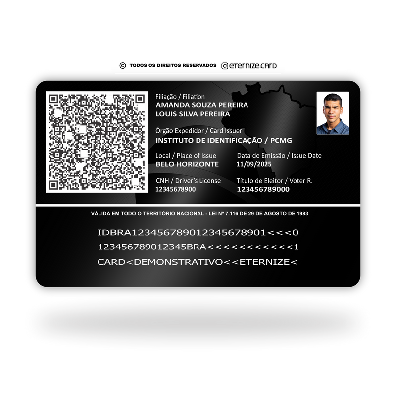 CIN/RG de metal inoxidável Black Preto Eterno gravado a laser premium - verso com informações pessoais. Melhor que PVC.