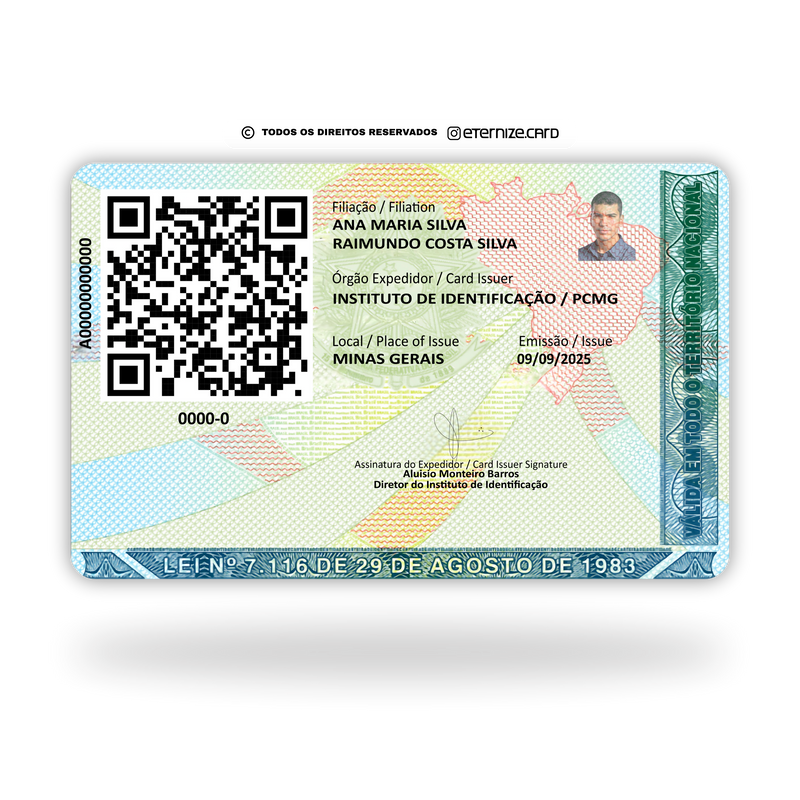 CIN/RG de metal inoxidável Color Eterno gravado a laser premium - verso com informações pessoais. Melhor que PVC.