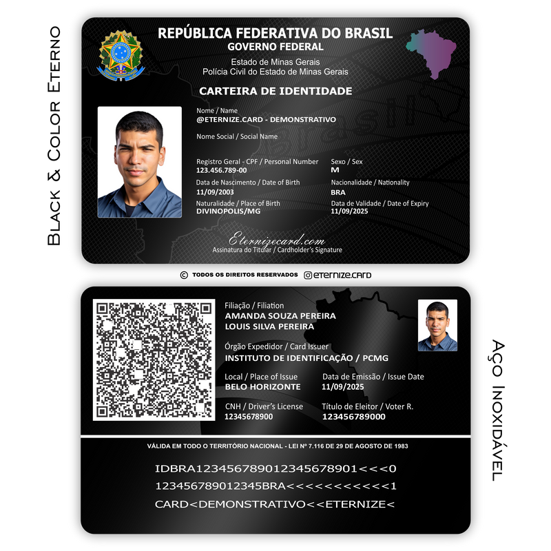 CIN/RG de metal inoxidável Black Preto Eterno gravado a laser premium - frente e verso com dados completos. Melhor que PVC.