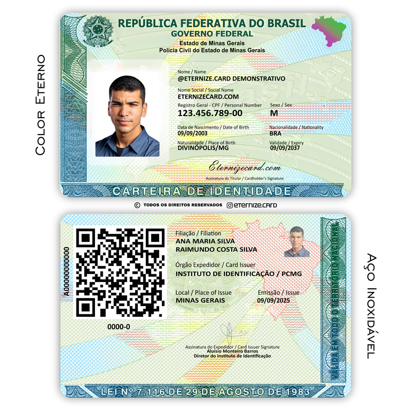 CIN/RG de metal inoxidável Color Eterno gravado a laser premium - frente e verso com dados completos. Melhor que PVC.