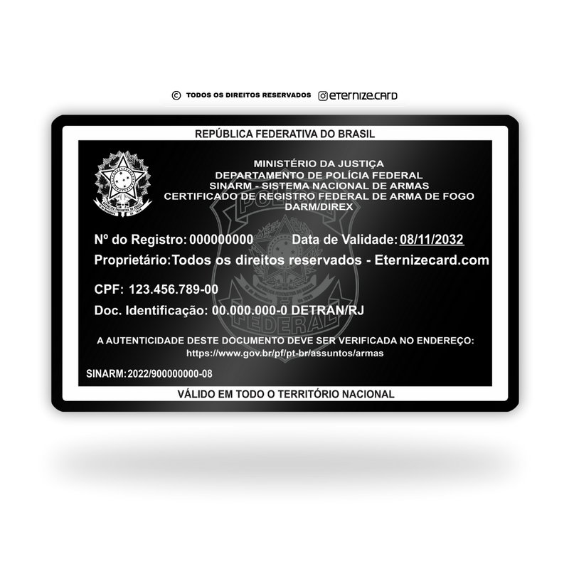 Cartão SINARM de metal inoxidável black preto gravado a laser, premium - frente. Melhor que PVC.