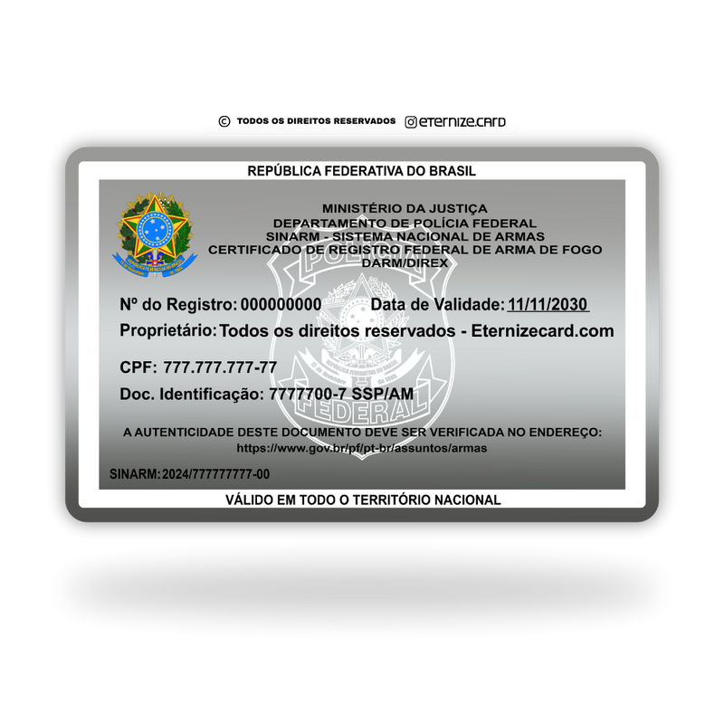 Cartão SINARM de metal inoxidável platinum gravado a laser com foto colorida, premium - frente. Melhor que PVC.