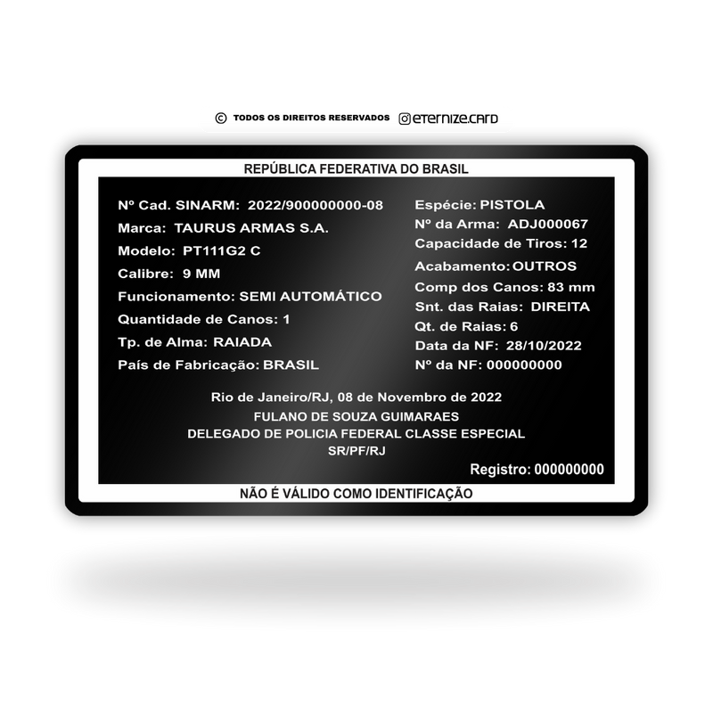 Cartão SINARM de metal inoxidável black preto gravado a laser, premium - verso. Melhor que PVC.