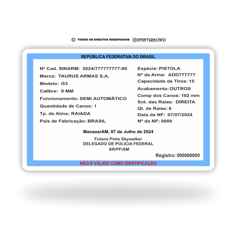 Cartão SINARM de metal inoxidável gravado a laser, premium colorido - verso. Melhor que PVC.