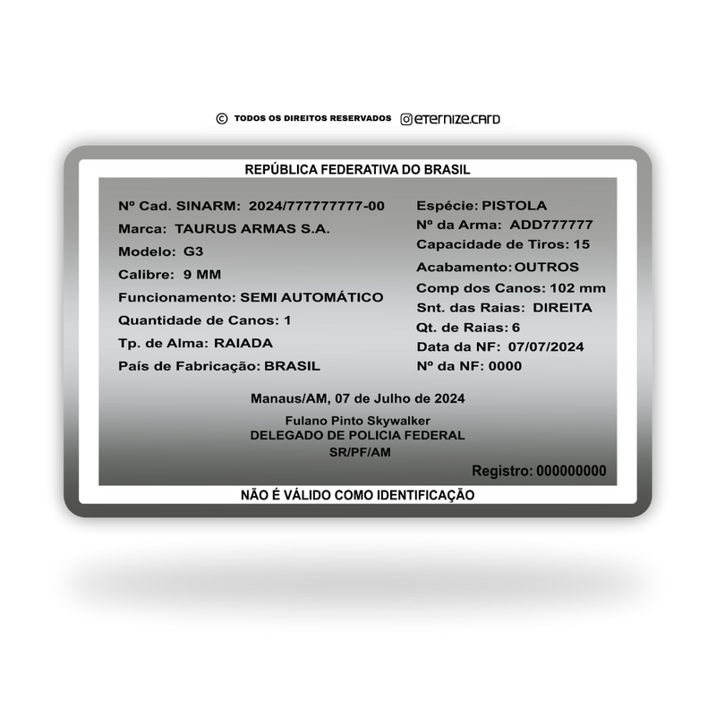 Cartão SINARM de metal inoxidável platinum gravado a laser com foto colorida, premium - verso. Melhor que PVC.