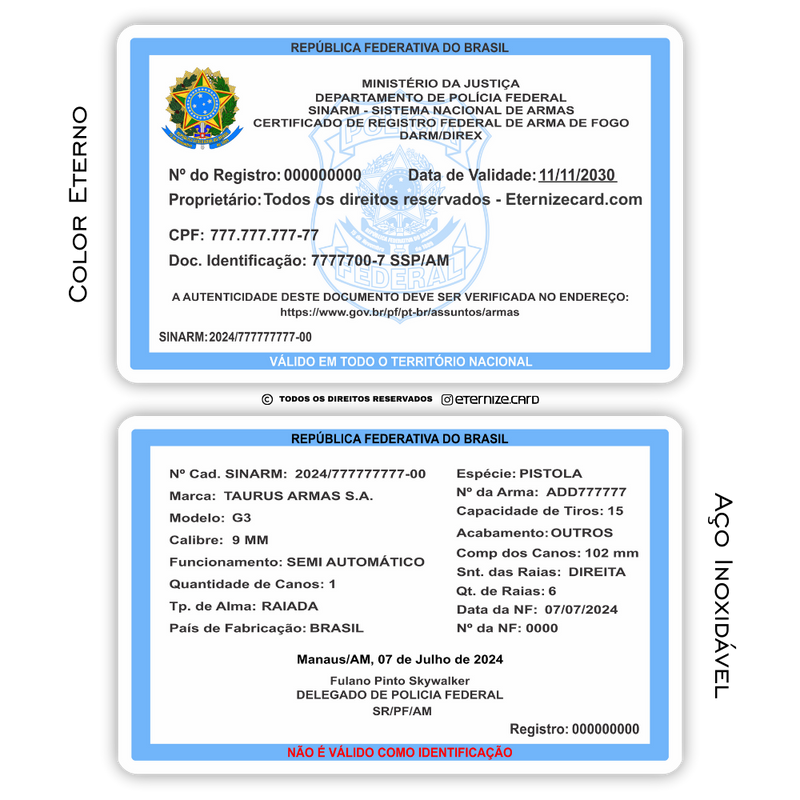 Cartão SINARM de metal inoxidável gravado a laser, premium colorido - frente e verso. Melhor que PVC.